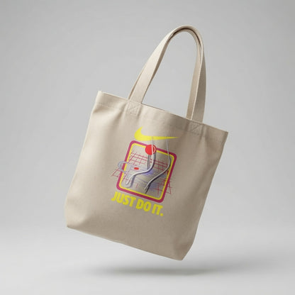 Retro Synthwave Grid "Just Do It" Yellow Nike Swoosh Cotton Canvas Tote Bag