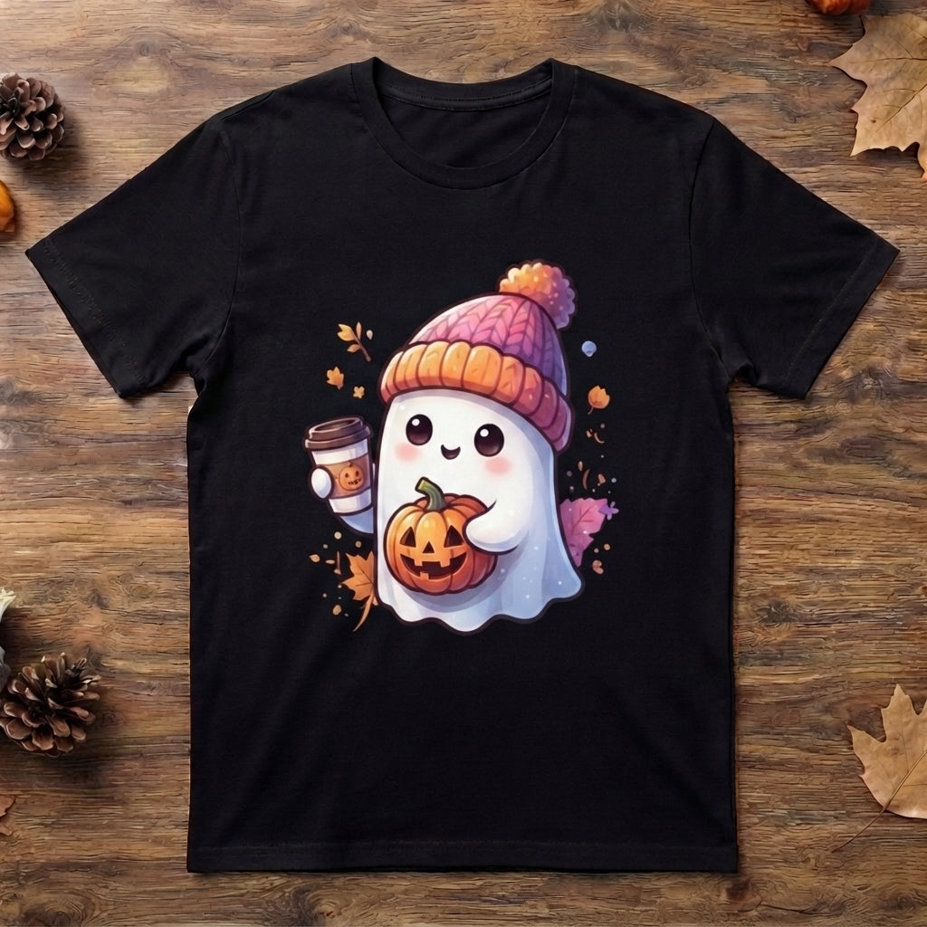 Cute Ghost with Coffee & Pumpkin T-Shirt – Cozy Fall Halloween Graphic Tee
