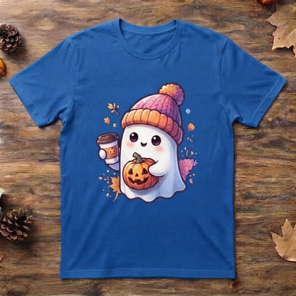 Cute Ghost with Coffee & Pumpkin T-Shirt – Cozy Fall Halloween Graphic Tee