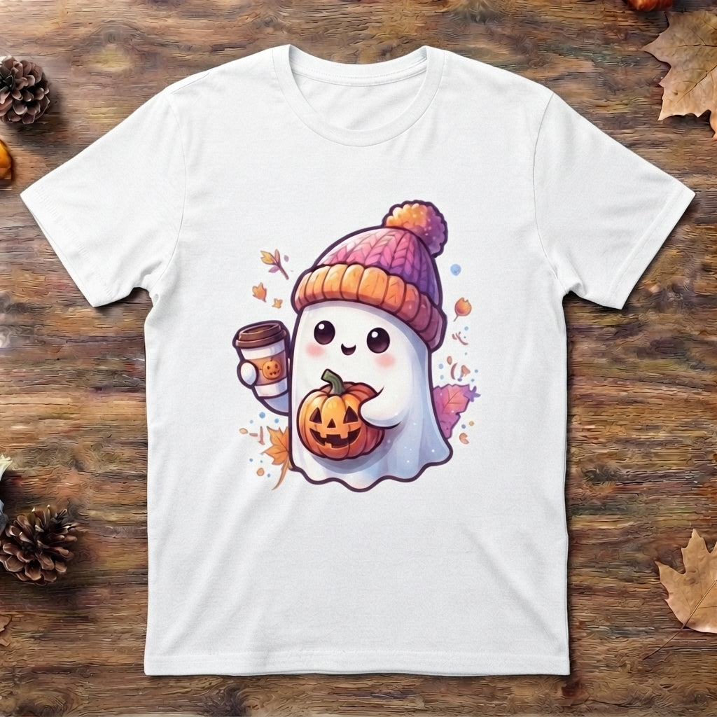 Cute Ghost with Coffee & Pumpkin T-Shirt – Cozy Fall Halloween Graphic Tee