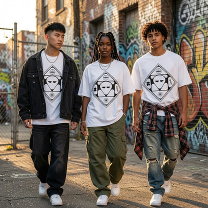 Cyberpunk Alien T-Shirt Futuristic Graphic Tee Sci-Fi Streetwear Men's Black White