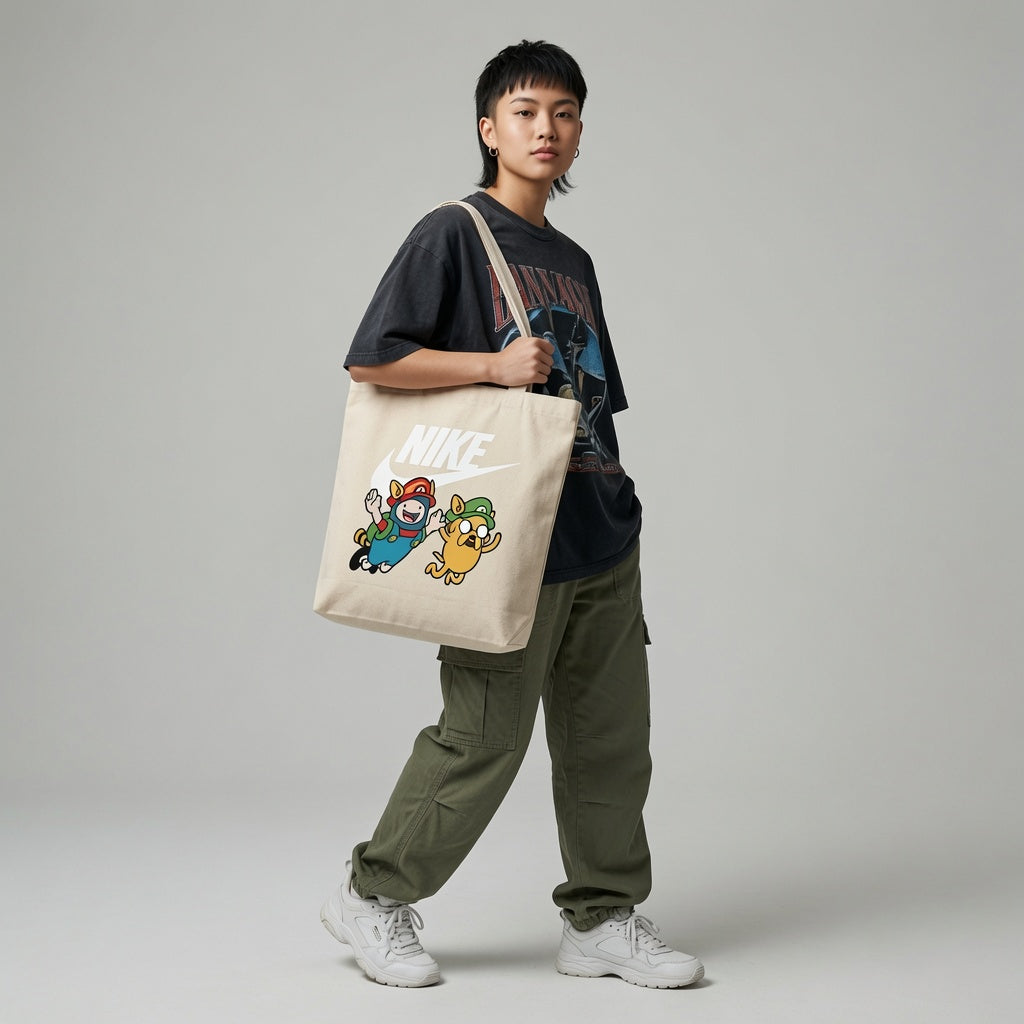 Adventure Time x Super Mario Bros Parody Canvas Tote Bag - Anime Pop Culture Canvas Handbag