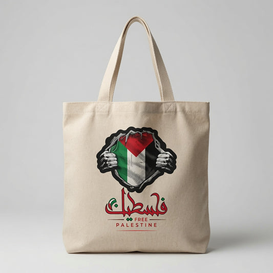 Palestine Flag Superhero Reveal Canvas Tote Bag – Arabic Calligraphy & Free Palestine Tote