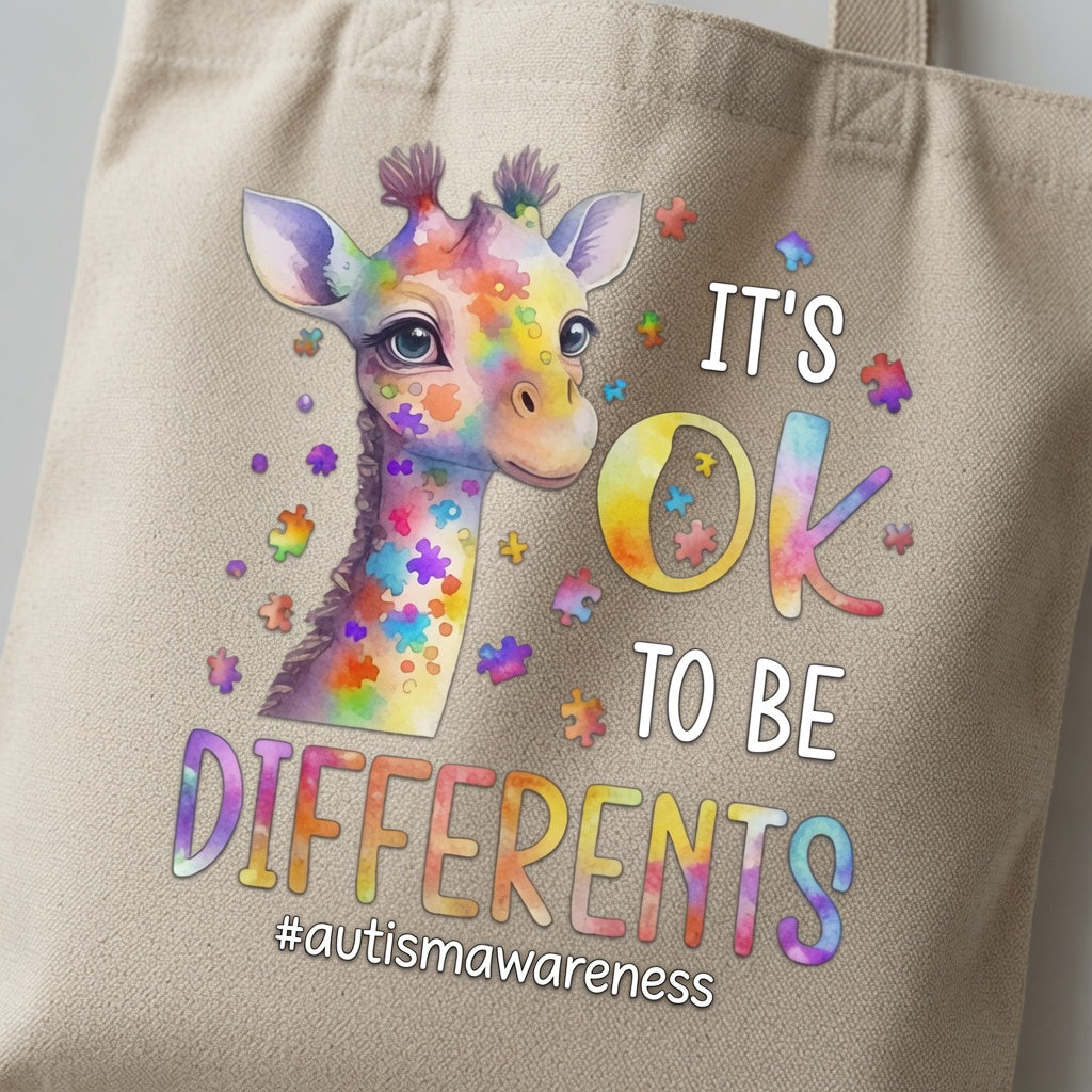 It's OK To Be Different Autism Awareness Giraffe Canvas Tote Bag – Colorful Puzzle Piece Tote