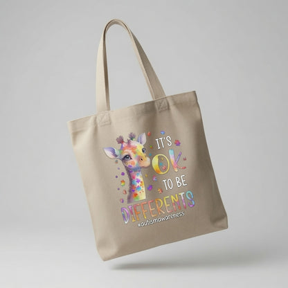 It's OK To Be Different Autism Awareness Giraffe Canvas Tote Bag – Colorful Puzzle Piece Tote