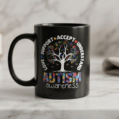 Autism Awareness Tree Graphic Ceramic Cup – Love Support Accept Understand Black Drinkware