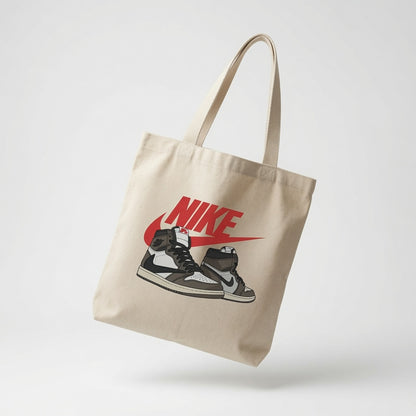 Mocha Reverse Swoosh High-Top Graphic Canvas Tote Bag - Classic Streetwear Canvas Shoulder Bag