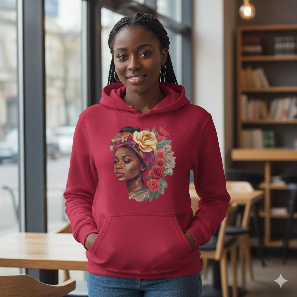 Floral Queen Graphic Hoodie – Illustrated Portrait Premium Black Pullover