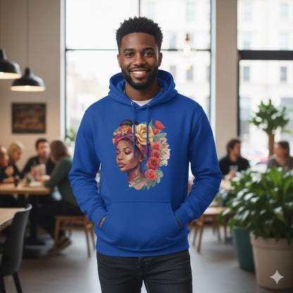 Floral Queen Graphic Hoodie – Illustrated Portrait Premium Black Pullover