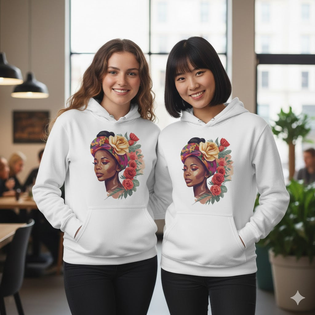 Floral Queen Graphic Hoodie – Illustrated Portrait Premium Black Pullover