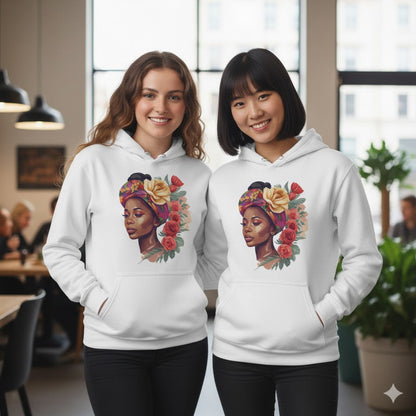 Floral Queen Graphic Hoodie – Illustrated Portrait Premium Black Pullover