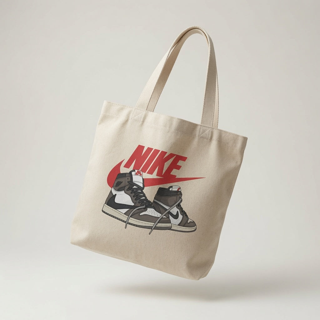 Retro Mocha High-Top Sneaker Pair Red Nike Swoosh Cotton Canvas Tote Bag