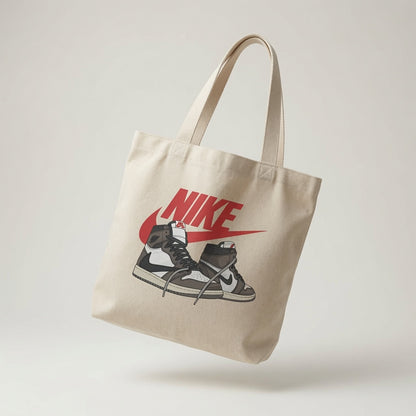 Retro Mocha High-Top Sneaker Pair Red Nike Swoosh Cotton Canvas Tote Bag