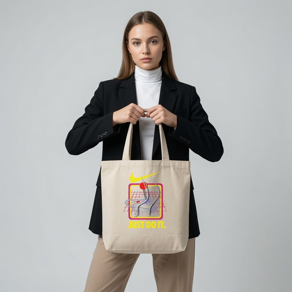 Retro Synthwave Grid "Just Do It" Yellow Nike Swoosh Cotton Canvas Tote Bag