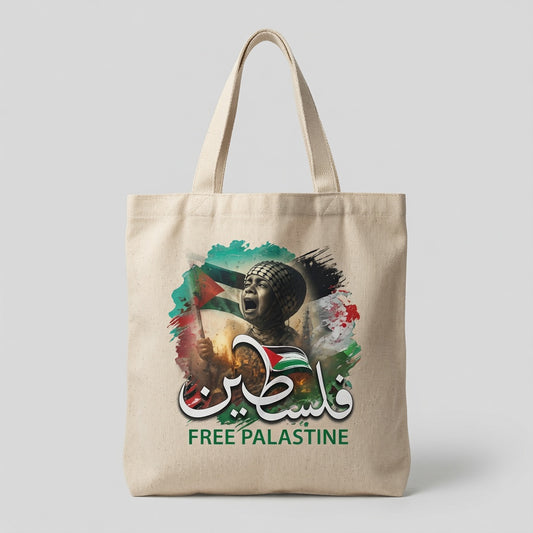 Free Palestine Canvas Tote Bag – Arabic Calligraphy & Flag Heritage Tote