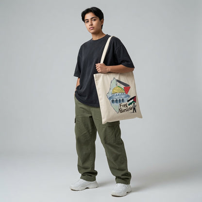 Free Palestina Dome of the Rock Illustration Canvas Tote Bag - Solidarity Handbag