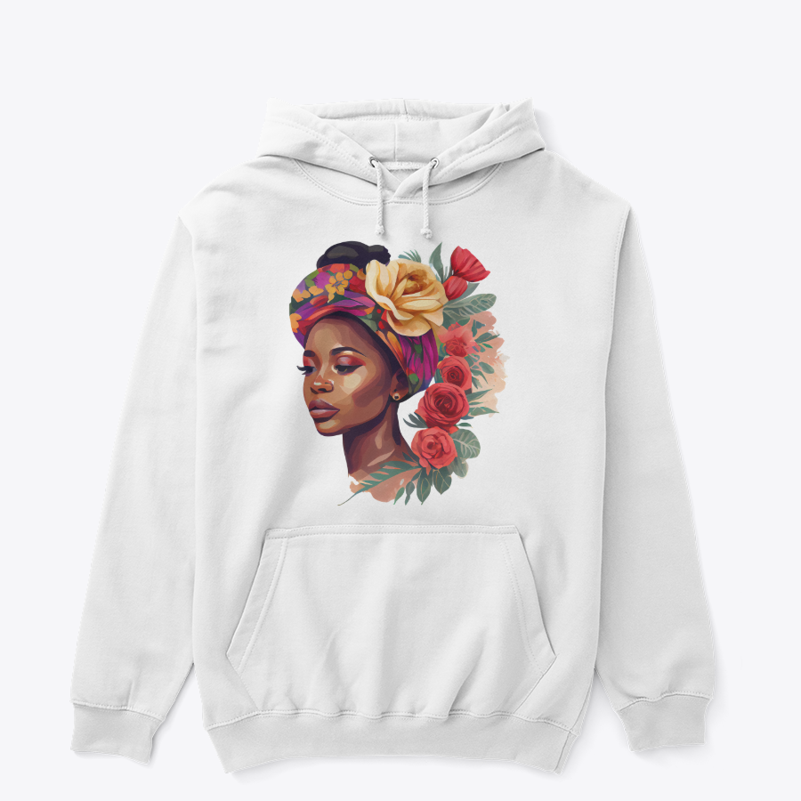 Floral Queen Graphic Hoodie – Illustrated Portrait Premium Black Pullover
