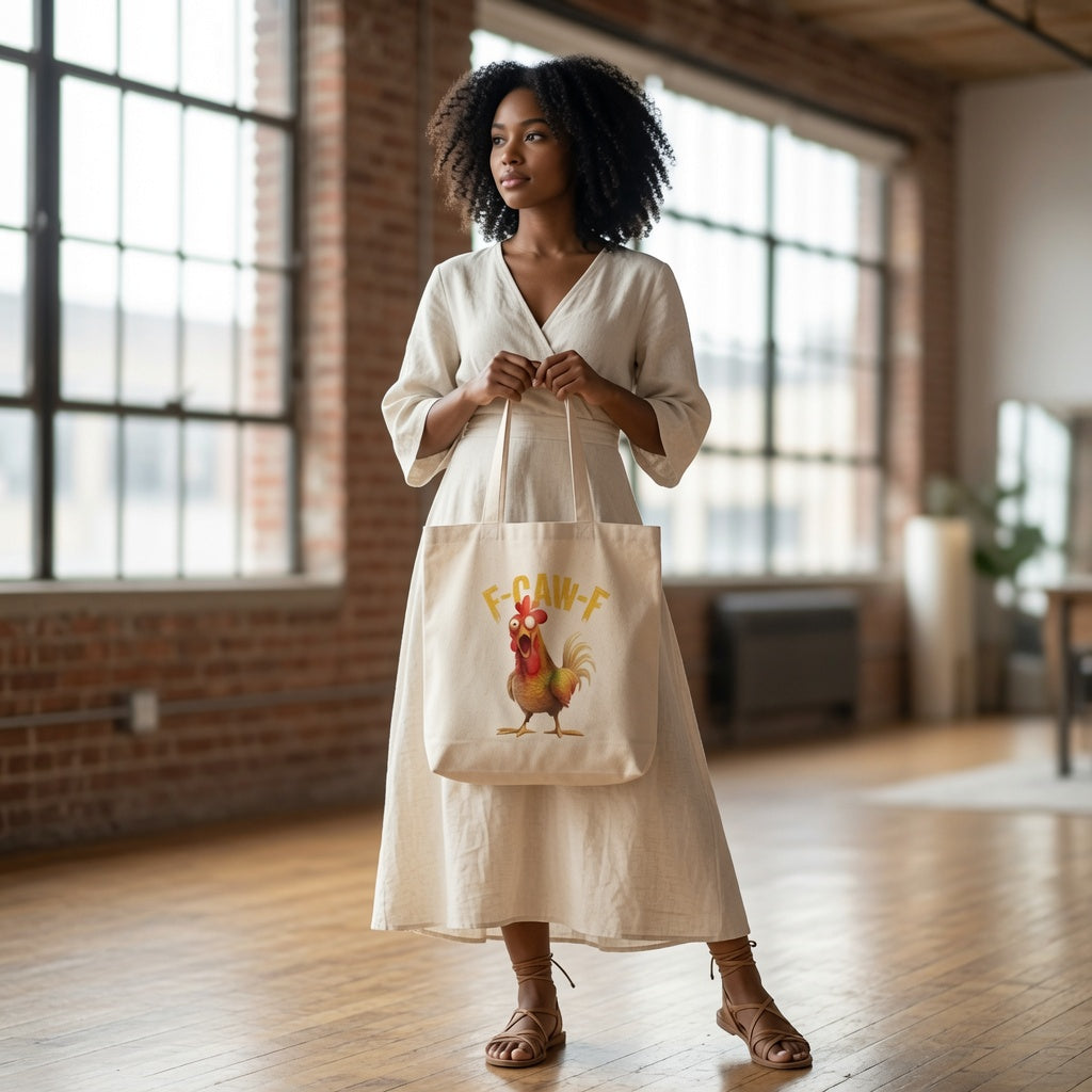 Funny Chicken "F-CAW-F" Graphic Cotton Canvas Tote Bag