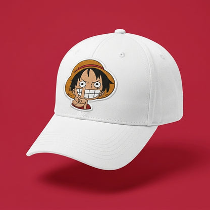 One Piece Luffy Smiling Peace Sign Graphic Baseball Cap - Cute Anime Chibi Cap (White & Black)