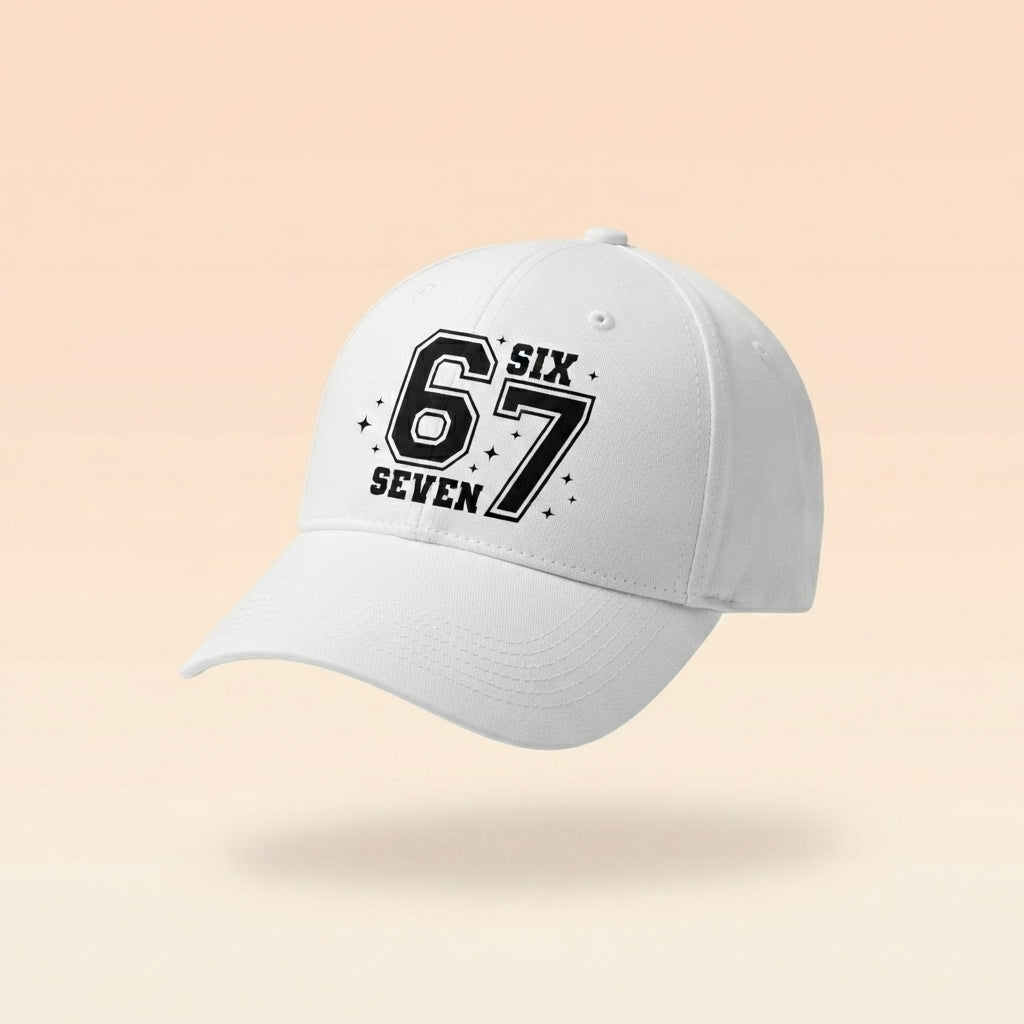 Six Seven 67 Varsity Number Graphic Baseball Cap - Urban Streetwear Cap (White)
