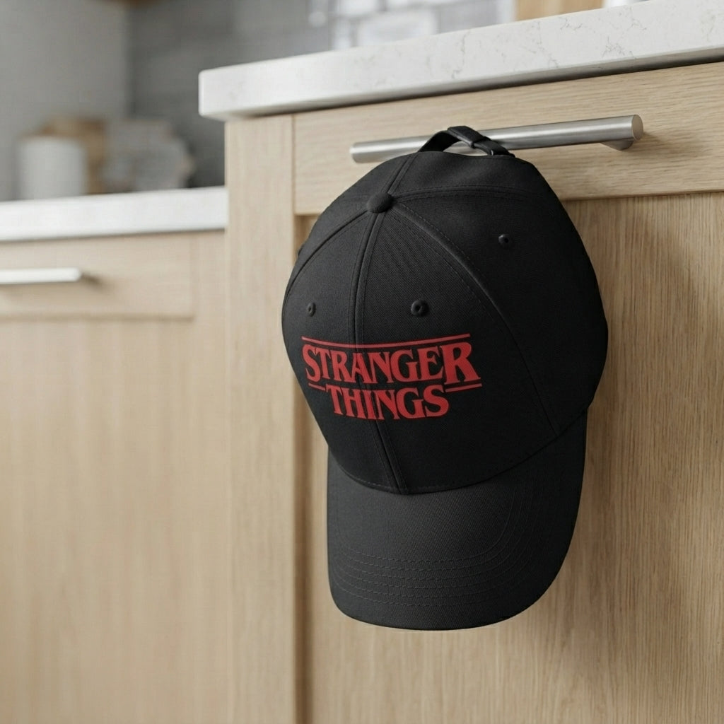 Stranger Things Red Title Logo Graphic Baseball Cap - TV Show Sci-Fi Cap (White & Black)