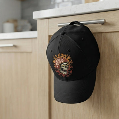 Harley Davidson Flaming Skull Helmet Graphic Baseball Cap - Biker Cap (Black & White)