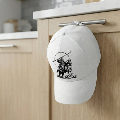 Japanese Samurai Horseback Warrior Graphic Baseball Cap - Martial Arts Culture Cap (White)