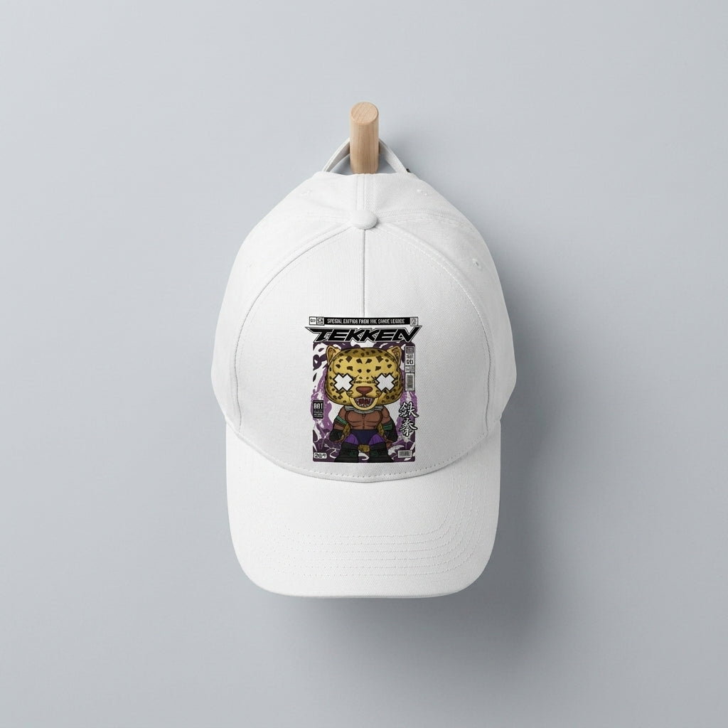 Tekken King Character Comic Graphic Baseball Cap - Retro Fighting Gamer Cap (White)