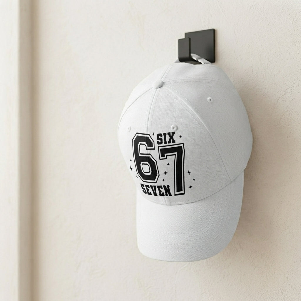 Six Seven 67 Varsity Number Graphic Baseball Cap - Urban Streetwear Cap (White)