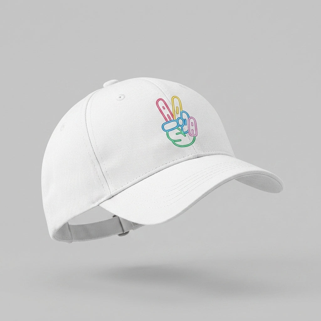 Neon Peace Hand Sign Graphic Baseball Cap - Minimalist Victory Sign Cap (Black & White)