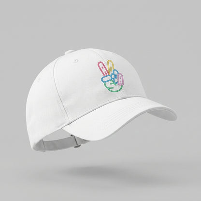 Neon Peace Hand Sign Graphic Baseball Cap - Minimalist Victory Sign Cap (Black & White)