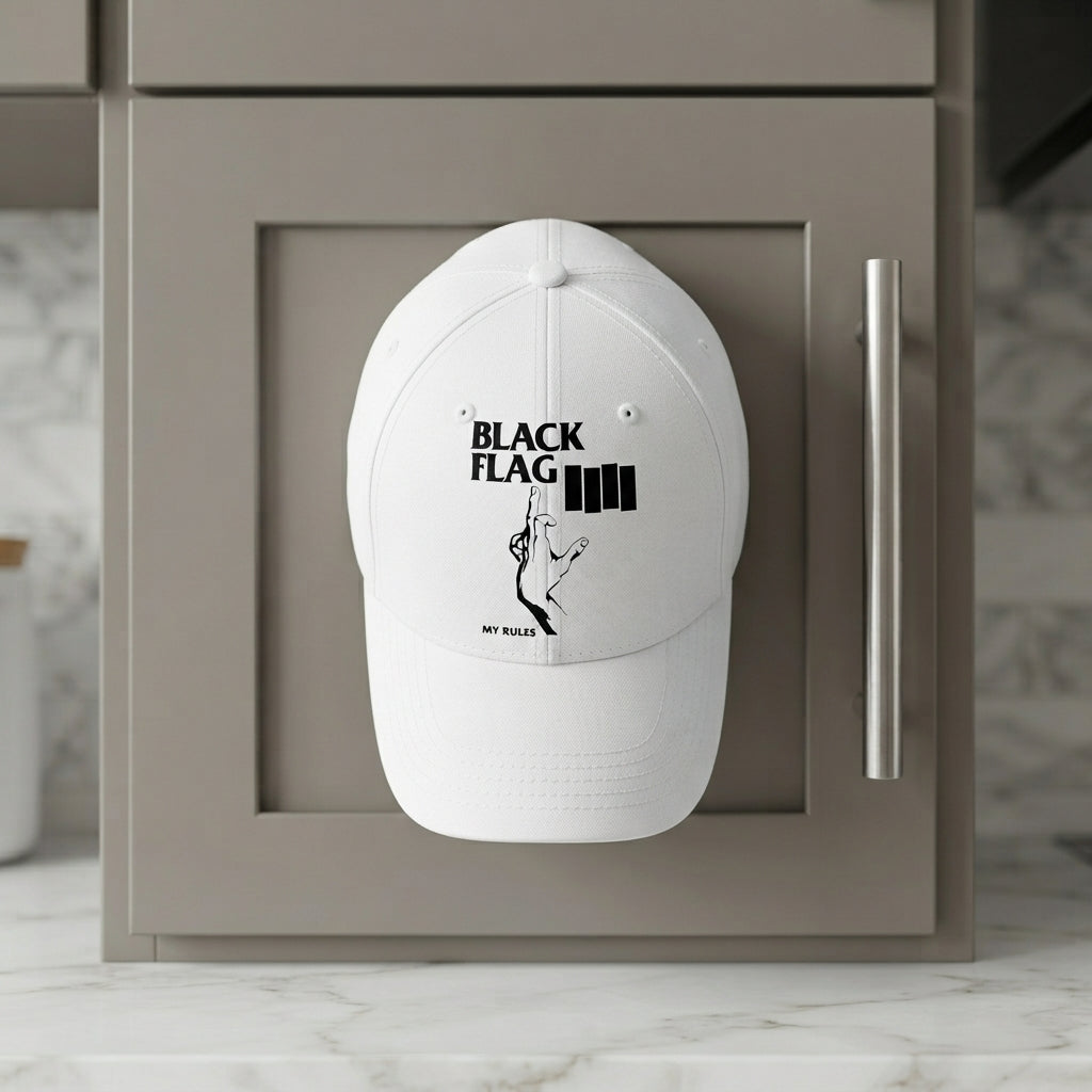 Black Flag My Rules Four Bars Graphic Baseball Cap - Hardcore Punk Rock Band Cap (White)