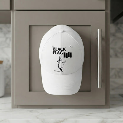 Black Flag My Rules Four Bars Graphic Baseball Cap - Hardcore Punk Rock Band Cap (White)