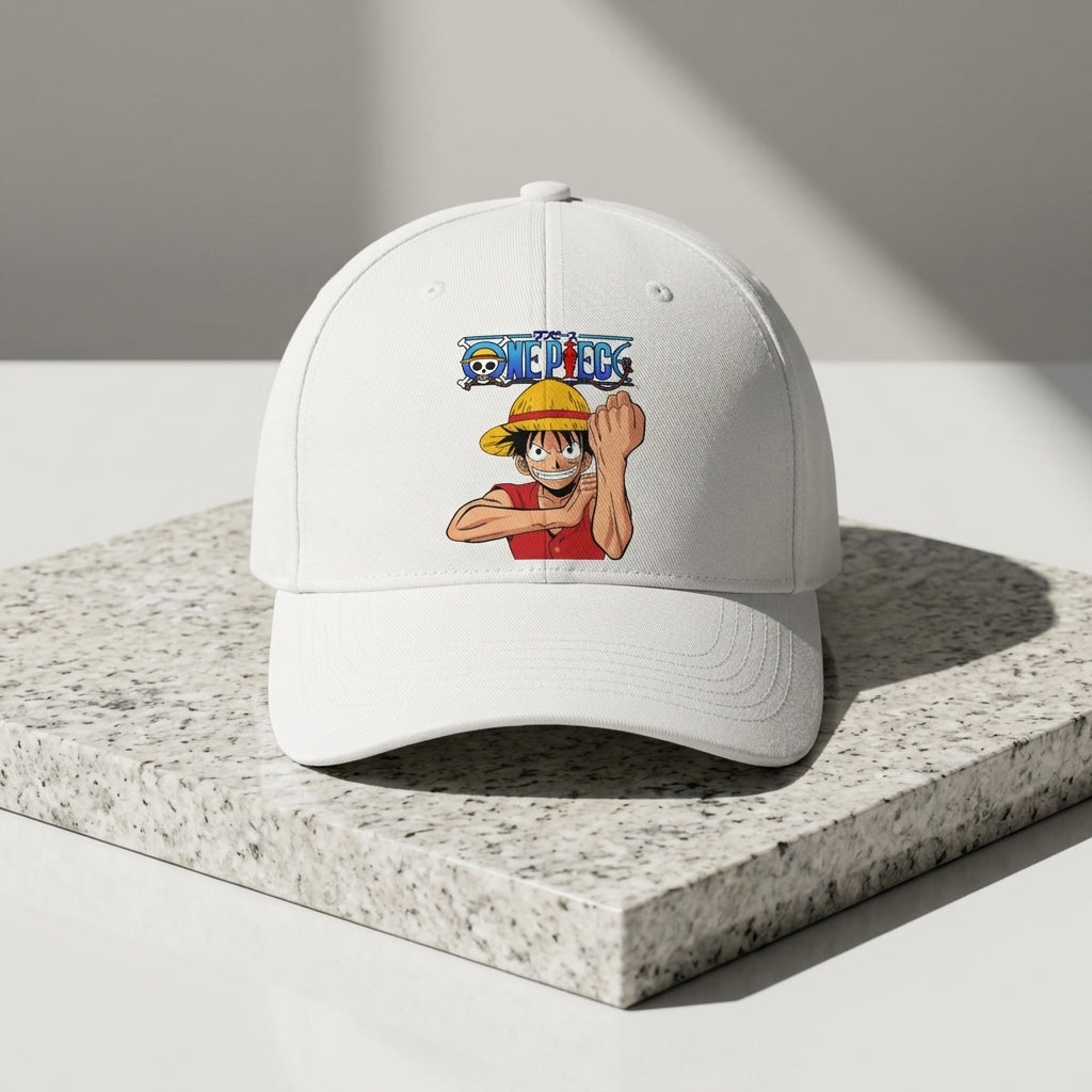 One Piece Monkey D. Luffy Graphic Baseball Cap - Anime Character Cap (White & Black)