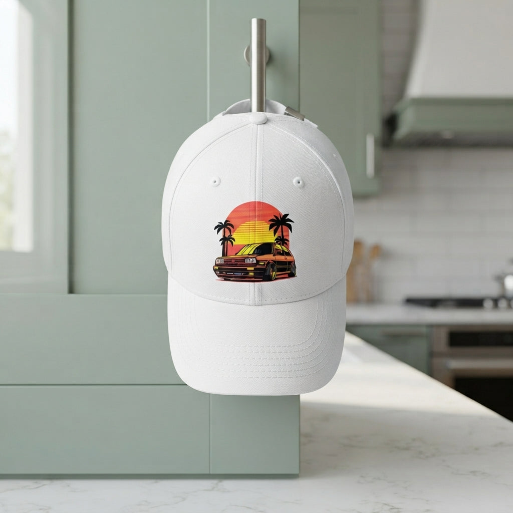Retro Synthwave Sunset Car Graphic Baseball Cap - Vintage Japanese JDM / Euro Tuner Cap (White & Black)