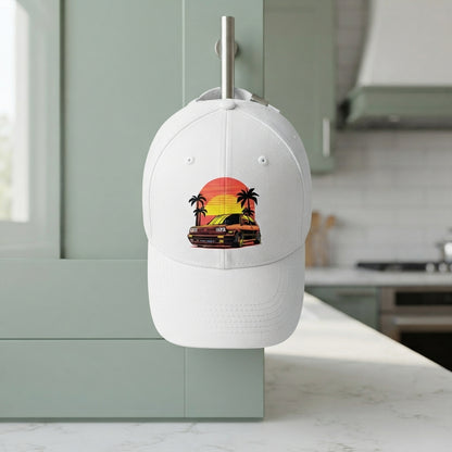 Retro Synthwave Sunset Car Graphic Baseball Cap - Vintage Japanese JDM / Euro Tuner Cap (White & Black)