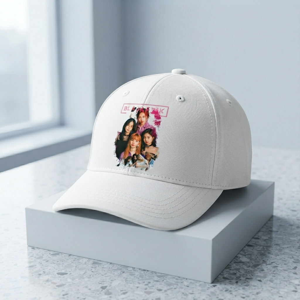 BLACKPINK K-Pop Girl Group Graphic Baseball Cap - Kpop Band Merch Cap (White)