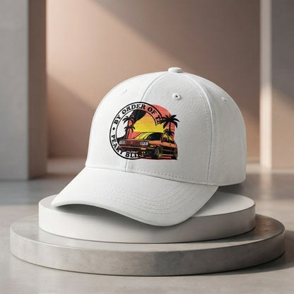 Retro Synthwave Sunset Car Graphic Baseball Cap - Vintage Japanese JDM / Euro Tuner Cap (White & Black)