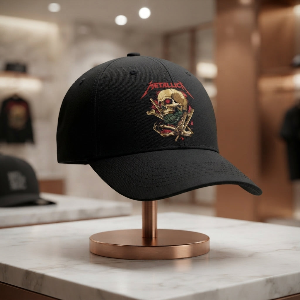 Metallica Skull & Grenade Graphic Baseball Cap - Heavy Metal Rock Band Cap (Black & White)