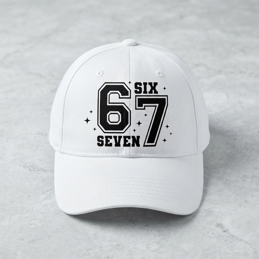 Six Seven 67 Varsity Number Graphic Baseball Cap - Urban Streetwear Cap (White)