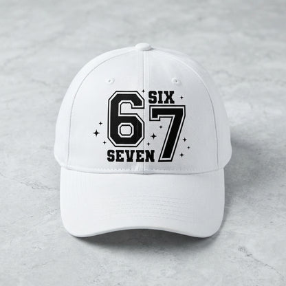 Six Seven 67 Varsity Number Graphic Baseball Cap - Urban Streetwear Cap (White)