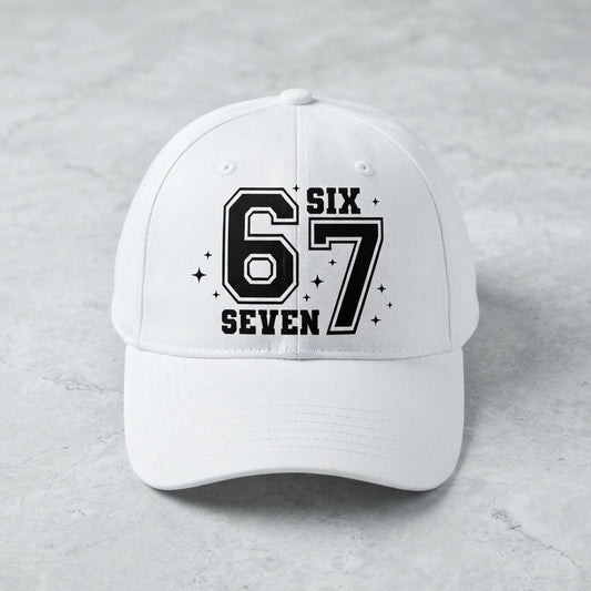 Six Seven 67 Varsity Number Graphic Baseball Cap - Urban Streetwear Cap (White)