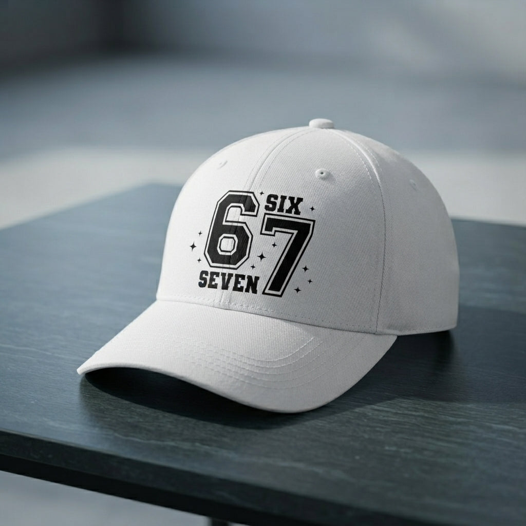 Six Seven 67 Varsity Number Graphic Baseball Cap - Urban Streetwear Cap (White)