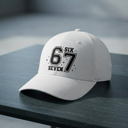 Six Seven 67 Varsity Number Graphic Baseball Cap - Urban Streetwear Cap (White)