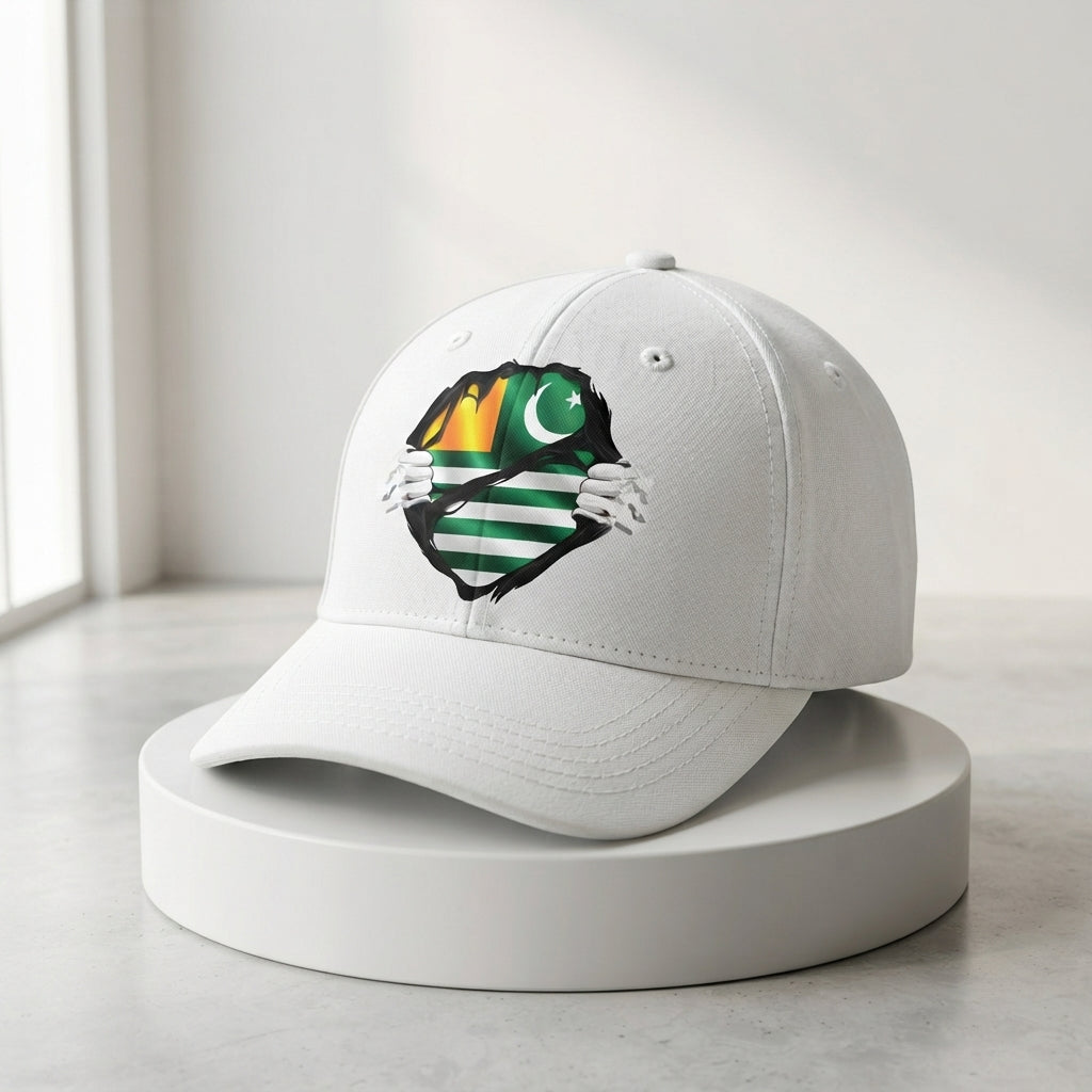 Kashmir Flag Ripped Chest Graphic Baseball Cap - Azad Kashmir Emblem Cap (White)