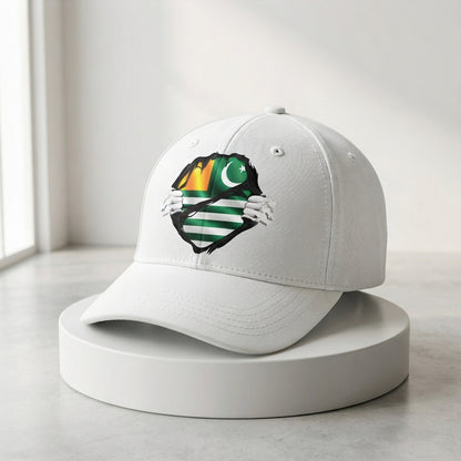 Kashmir Flag Ripped Chest Graphic Baseball Cap - Azad Kashmir Emblem Cap (White)