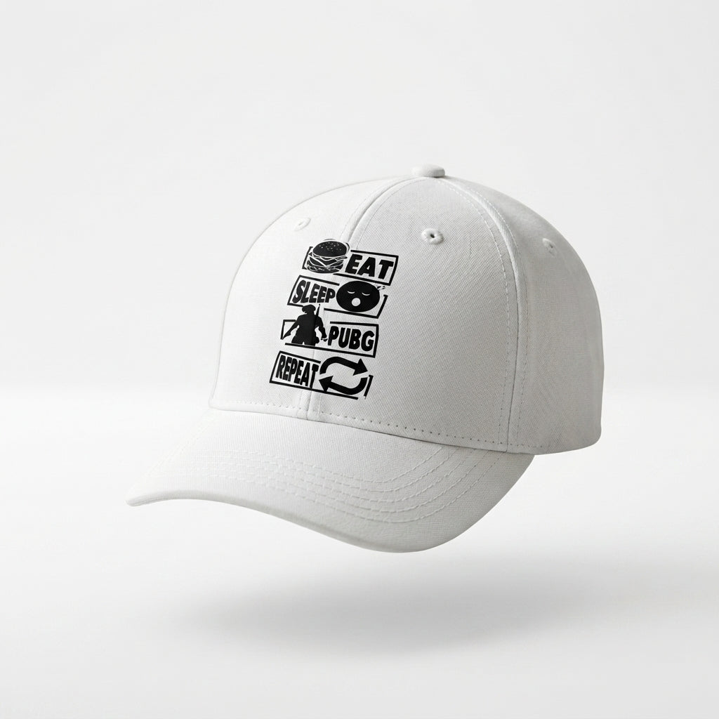 Eat Sleep PUBG Repeat Gaming Graphic Baseball Cap - Gamer Quote Cap (White)