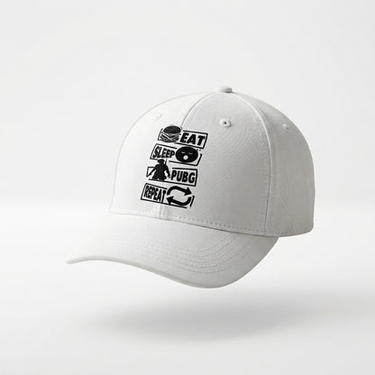 Eat Sleep PUBG Repeat Gaming Graphic Baseball Cap - Gamer Quote Cap (White)