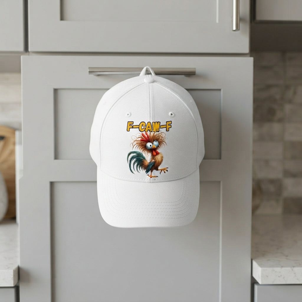 F-CAW-F Crazy Rooster Graphic Baseball Cap - Funny Animal Meme Cap (White & black)