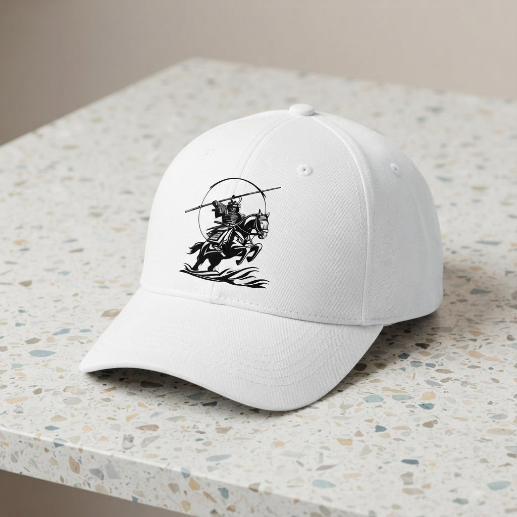 Japanese Samurai Horseback Warrior Graphic Baseball Cap - Martial Arts Culture Cap (White)